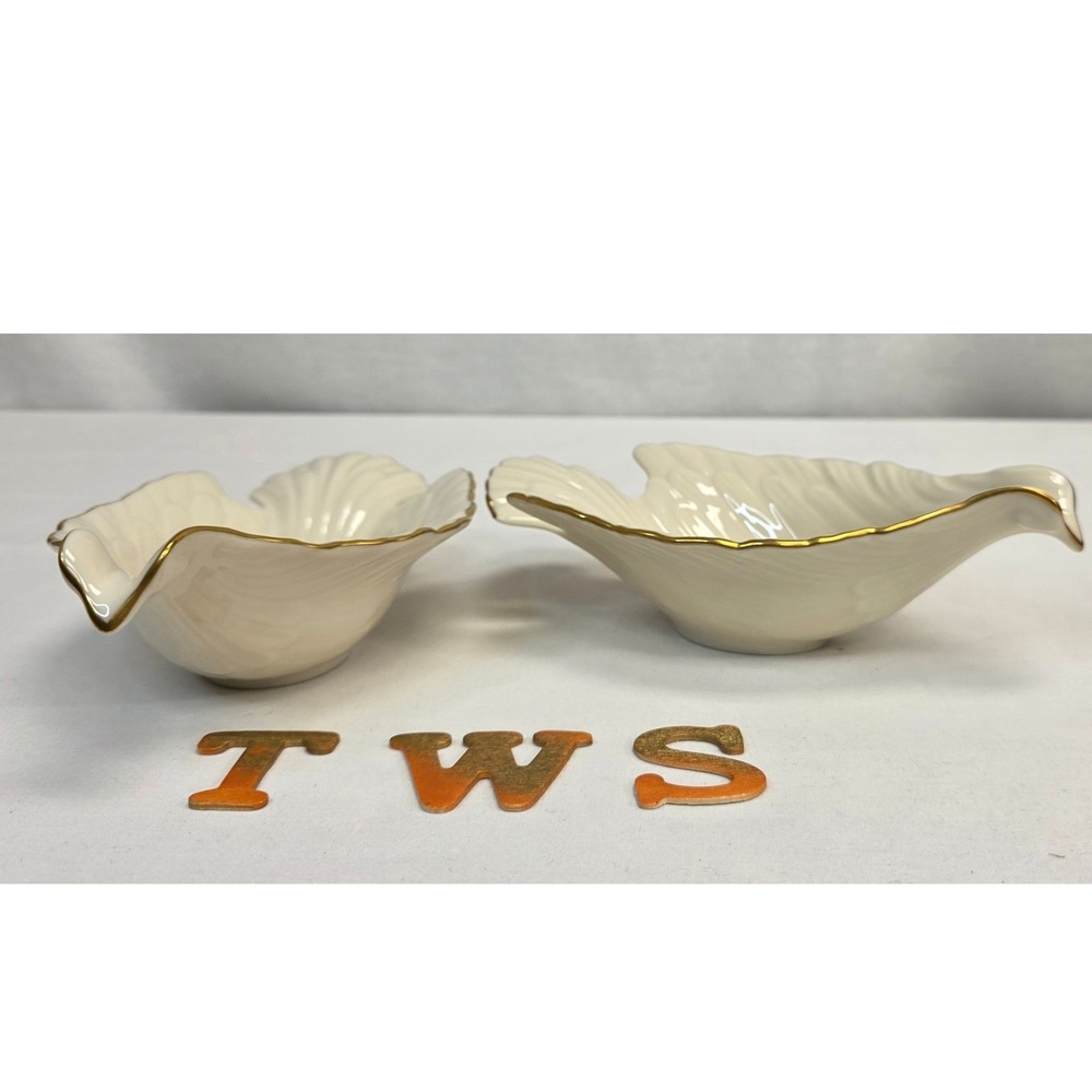 Lenox Bird Dove Nut Candy Dish Set 2 Ivory Bone China 24K Gold Trim USA Made